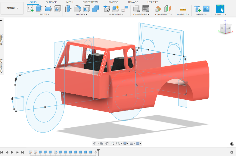 Screenshot of Fusion 360. A user is turning a drawing of a truck into a 3D model.